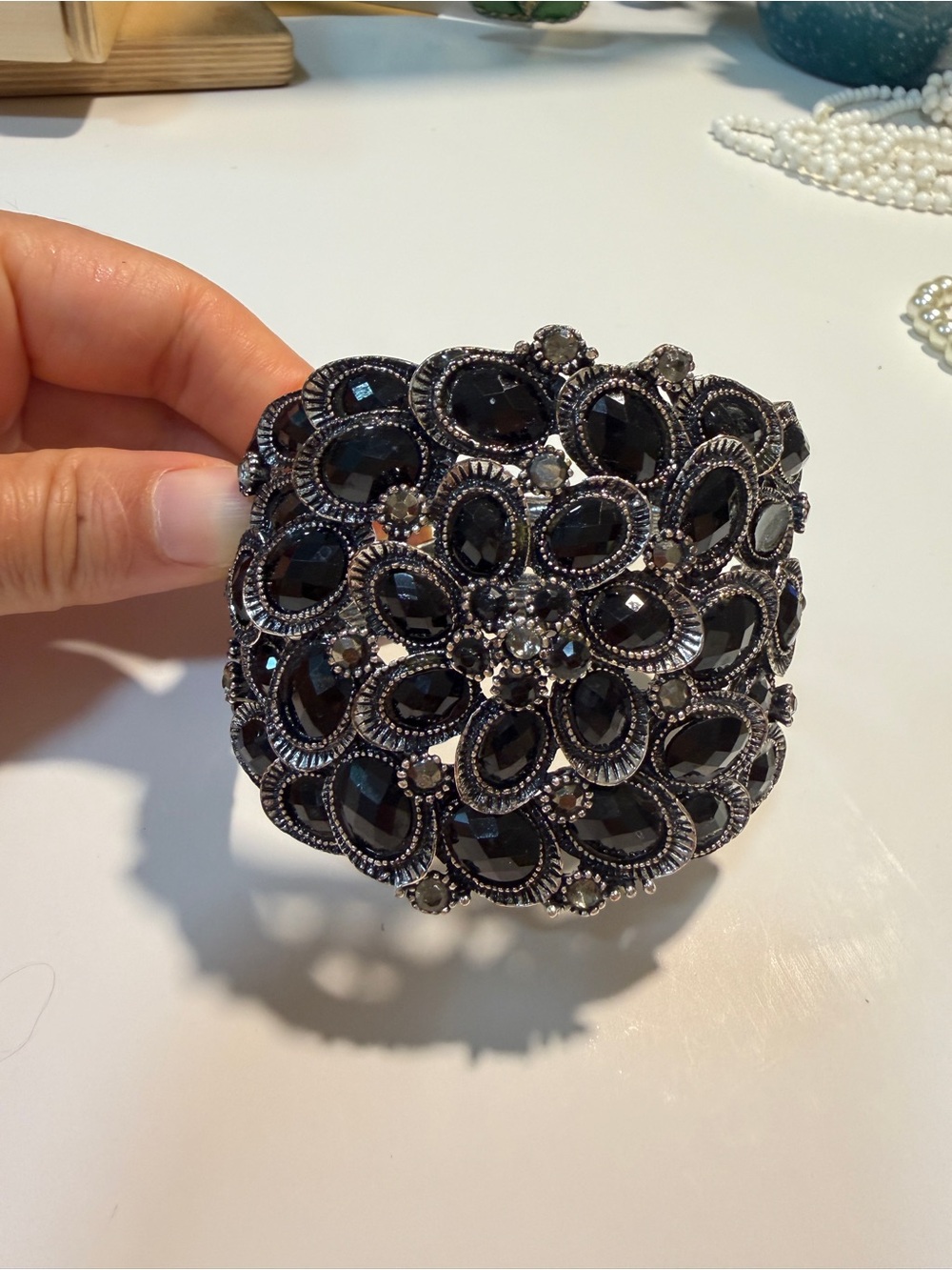 Elegant Black Crystal Flower Cuff Bracelet